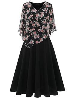 DRESSTELLS Damen Plus Größe Abendkleid Chiffon Cape Elegant Cocktailkleid Hochzeit V-Ausschnitt Knielang A-Linie Sommer Kleid Black Flower 3XL von DRESSTELLS