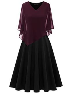 DRESSTELLS Damen Plus Größe Abendkleid Chiffon Cape Elegant Cocktailkleid Hochzeit V-Ausschnitt Knielang A-Linie Sommer Kleid Burgundy Black 3XL von DRESSTELLS