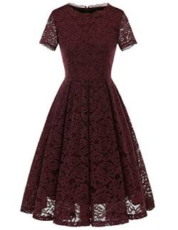 DRESSTELLS Damen Spitzenkleid brautmütter Kleider, Knielang Elegant Brautjungfer Cocktailkleid, Rockabilly Floral Kleid Kurzarm Burgundy L von DRESSTELLS