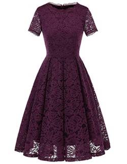 DRESSTELLS Damen Spitzenkleid brautmütter Kleider, Knielang Elegant Brautjungfer Cocktailkleid, Rockabilly Floral Kleid Kurzarm Grape L von DRESSTELLS