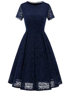 DRESSTELLS Damen Spitzenkleid brautmütter Kleider, Knielang Elegant Brautjungfer Cocktailkleid, Rockabilly Floral Kleid Kurzarm Navy L von DRESSTELLS