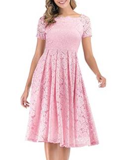 DRESSTELLS Damen Spitzenkleid brautmütter Kleider, Knielang Elegant Brautjungfer Cocktailkleid, Rockabilly Floral Kleid Kurzarm Pink L von DRESSTELLS