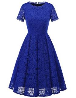 DRESSTELLS Damen Spitzenkleid brautmütter Kleider, Knielang Elegant Brautjungfer Cocktailkleid, Rockabilly Floral Kleid Kurzarm Royal Blue 3XL von DRESSTELLS