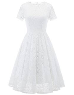 DRESSTELLS Damen Spitzenkleid brautmütter Kleider, Knielang Elegant Brautjungfer Cocktailkleid, Rockabilly Floral Kleid Kurzarm White 3XL von DRESSTELLS