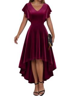 DRESSTELLS Festlich Hochzeitskleid Damen Elegant Große Größe Samtkleid Vintage Retro Cocktailkleid Hi-Lo V-Ausschnitt Abendkleid Velvet Burgundy 2XL von DRESSTELLS