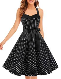 DRESSTELLS Karnevalskostüme Frauen Neckholder Rockabilly 1950er Polka Dots Punkte Vintage Retro Cocktailkleid Petticoat Faltenrock Black Small White Dot 2XL von DRESSTELLS