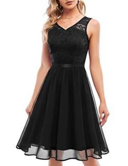 DRESTELLS Damen Spitzenkleid Ärmellos Chiffon Brautjungfernkleid Elegant Party Cocktailkleid Knielang Black L von DRESSTELLS