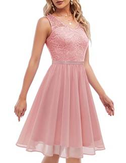 DRESTELLS Damen Spitzenkleid Ärmellos Chiffon Brautjungfernkleid Elegant Party Cocktailkleid Knielang Blush L von DRESSTELLS