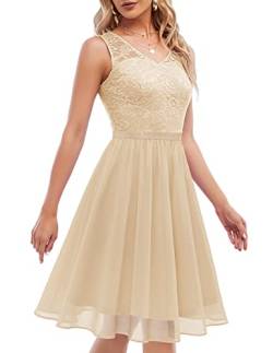 DRESTELLS Damen Spitzenkleid Ärmellos Chiffon Brautjungfernkleid Elegant Party Cocktailkleid Knielang Champagne M von DRESSTELLS