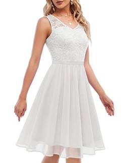 DRESTELLS Damen Spitzenkleid Ärmellos Chiffon Brautjungfernkleid Elegant Party Cocktailkleid Knielang White L von DRESSTELLS