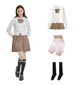 Damen Mädchen Hohe Taille Faltenrock Set Japanische Schule JK Uniform Anzug mit Wadensocken Weißes Hemd 34 von DRGE