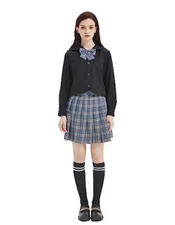 Damen Mädchen JK Uniform Anzug Japanische Schuluniform Hohe Taille Kurzer Plaid Faltenrock und Schwarzes Hemd mit Wadensocken,32 von DRGE