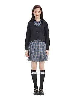 Damen Mädchen JK Uniform Anzug Japanische Schuluniform Hohe Taille Kurzer Plaid Faltenrock und Schwarzes Hemd mit Wadensocken,34 von DRGE