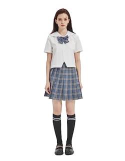 Damen Mädchen JK Uniform Anzug Japanische Schuluniform Hohe Taille Kurzer Plaid Faltenrock und Weißes Hemd mit Wadensocken,32 von DRGE