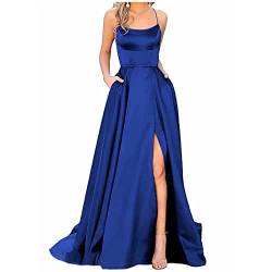 20Er Jahre Kleid, Maxikleid Damen Satin Kleid Damen Lange Kleider Rückenfrei Lange Kleider Satin Riemen Partykleid Seitenschlitz Hochzeit Taschen Kleid Damen Kleid Frühling Tesettür (Dunkelblau,M) von DRILEND