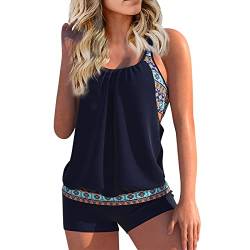 Bademode Damen, Tankini Damen Bauchweg Push Up Tankini Damen Große Größen Damen Sexy Slim Fit Printed Sling Split Boxer Shorts Tankini Plus Size Badeanzug (Zweiteilig) Tankini (Dunkelblau,3XL) von DRILEND