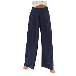 Boho Hose Damen, Jogginghose Damen Nadelstreifen Hose Weite Sommer Damen Casual Loose High Waist Cotton Linen Wide Leg Long Hosen Mit Taschen Zip Off Hose Damen Breezeful Kleidung (Navy,M) von DRILEND