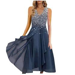 DRILEND Boho-Kleid, Strandkleider Damen Sommer Rockabilly Kleider Kleid Damen Kleid Chiffon Elegantes Patchwork Ärmellos Langes Abendkleid Etuikleid Damen Elegant Kleid Spitze Mormonen(Silber,M) von DRILEND