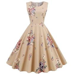 DRILEND Boho Kleid Damen Sommer, Damen Kleider Sommer Sommerkleid Lang Kleid Festlich Damen Party Print Farbe Ärmellos Retro Kleid Ärmel Grenadine Geschenke Für Frauen Geburtstag Kleid (Beige,S) von DRILEND