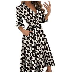 DRILEND Damen Sommerkleid, Kleider Damen Festlich Hochzeit Rockabilly Glitzerkleid Mode Damen Casual Revers Gedruckt Sieben-Teilige Ärmel Kleid Langes Sommerkleid Midi Strandkleider Damen (Grau,S) von DRILEND