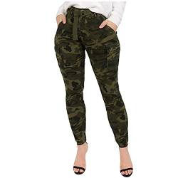 DRILEND Kargo Hosen Frau Damen Hosen Mit Hoher Taille Und Schmaler Passform Cargo Camouflage Mit Passendem GüRtel Sport Hosen Frauen Thermo Overalls FüR Damen Vintage Cargohose（GrüN #1，L） von DRILEND