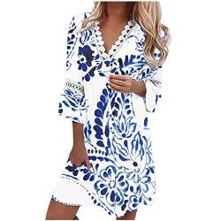 DRILEND Kleid Knielang Elegant, Festival Outfit Damen Kleid Mit Hose Drunter Strandkleid Kurz Mode Damen V-Ausschnitt Bedruckte Spitze Patchwork Bohemian Casual Resort Kleid Kleid Lang (Blau,XL) von DRILEND