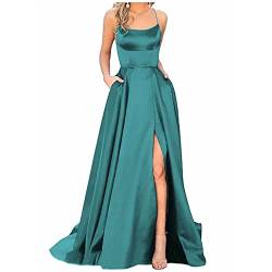 DRILEND Kleider Damen Festlich Elegant,Damen Sommerkleid Damen Lange Kleider Rückenfrei Satin Strap Party Kleid Seitenschlitz Hochzeit Taschen Maxikleider Damen Sommer Moderne (Minzgrün,XS) von DRILEND