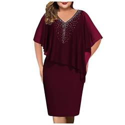 DRILEND Maxikleider Sommer, Sexy Kleid Damen Neckholder Kleider Für Frauen Ab 50 Jahren Damen Plus Größe V-Ausschnitt Overlay Asymmetrisch Gesäß Kleid Chiffon Pailletten Kleid（S-5Xl） (Wein,4XL) von DRILEND