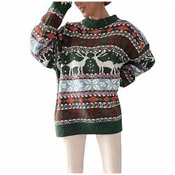 DRILEND Pullover Weihnachten Oversize,Damen Kurz Paar Weihnachten Pullover Damen Oversize Zopfmuster Pullover Damen Pulli Vintage Rentier Pullover Kleidung Frauen Glitzer(8-Grün,M) von DRILEND