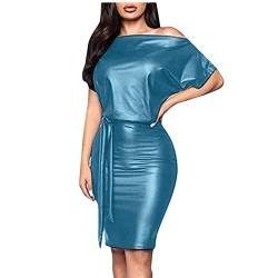 DRILEND Sexy Outfit Für Damen,Neckholder Kleid Damen Damen Mode Kleid Elastische Leder EIN Hals Gürtel Kleid Damen Elegant Abendkleid Lang Für Hochzeit Rü Kleider Damen(Blau,XL) von DRILEND