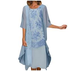 DRILEND Sommerkleid Damen Elegant, Sommerkleider Damen Knielang Silvester Kleid Cocktail Kleider Elegant Women's Lace Print Cocktailkleid Festliche Brautjungfer Hochzeit Midi Abendkleider (Blau,XXL) von DRILEND