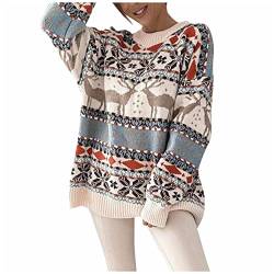 DRILEND Xmas Pullover Damen Damen,Damen Paar Weihnachten Oversize Pullover Damen Zopfmuster Pulli Vintage Pullover Damen Rentier Vintage Pulli Pullover Winter Mit Glitzer(Beige-8,M) von DRILEND