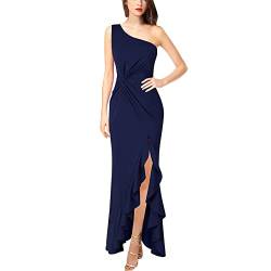 Damen Kleider Sommer, Swing Kleid Damen Kleid Elegant Damen One-Shoulder Abendkleider Large Swing Slim Dresses Langes Kleid Abschlusskleid Rot Kleid Damen Knielang(Marine,S) von DRILEND