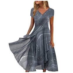 Kleid Damen Elegant,Maxikleid Damen Damen Casual Gedruckt V-Ausschnitt Zip Kurze Ärmel Paneel Große Lange Kleid Festliche Kleider Für Damen Birthday Girl Kleid Ägypten Sommerliches Kleid(Grau,M) von DRILEND