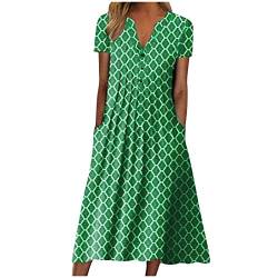 Sommerkleider Damen, Kleider Damen Strandkleid Lang Musselin Tuch Damen Kleid Button Floral Pocket Kurzarm V-Ausschnitt Casual Loose Dress Kleider Damen Sommer Lang Lange Kleidung (Grün,L) von DRILEND