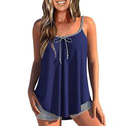 Tankini Damen Große Größen, Swimsuits for Damen Bauchweg Body Damen Sexy Slim Fit Solid Color Patchwork Streifen Bedruckt Sling Split Tankini Plus Größe Badeanzug (Zweiteilig) (Blau,XXL) von DRILEND