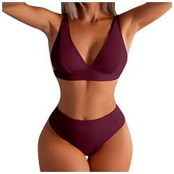 Watercult Bikini Damen, Bikini Damen Große Brüste Bikini-Sets Für Bügel Bikini Sport Damen Set Retro Bauchweg Push Up Beachwear Damen Bikini Neu Große Größen Push Up Set(Wein,XL) von DRILEND