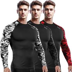 DRSKIN 4, 3 oder 1 Pack Herren Kompressionsshirts Top Langarm Sport Baselayer Workout Laufen Athletic Gym, Rund (Camouflage (grau + rot + schwarz) 3 Stück, X-Large von DRSKIN