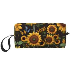 DRTGEDS Kleine Tasche mit Reißverschluss, Motiv: Sonnenblumen, Blumen, Schmetterlinge, Mini-Reise-Make-up-Tragetasche, Kosmetiktasche, tragbare Elektronik, Sonnenblumen, Schmetterlinge, Einheitsgröße von DRTGEDS