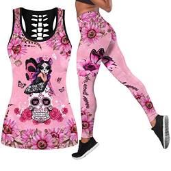 DRZHEAM Frauen 2 Stück Casual Totenkopf Outfits 3D Gedruckt Aushöhlen Tank Tops Yoga Leggings Jogger Sets Activewear (Pink, XL) von DRZHEAM