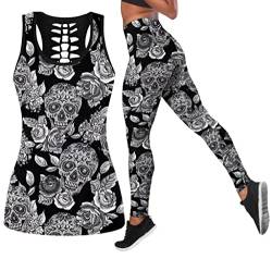 DRZHEAM Frauen 2 Stück Casual Totenkopf Outfits 3D Gedruckt Aushöhlen Tank Tops Yoga Leggings Jogger Sets Activewear (skull 01, M) von DRZHEAM