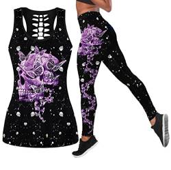 DRZHEAM Frauen 2 Stück Casual Totenkopf Outfits 3D Gedruckt Aushöhlen Tank Tops Yoga Leggings Jogger Sets Activewear (skull 02, XL) von DRZHEAM