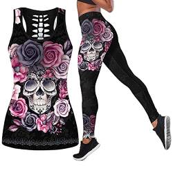 DRZHEAM Frauen 2 Stück ärmellose Totenkopf Tank Tops und hohe Taille Yoga Leggings Gym Outfits Activewear Sportbekleidung (as3, alpha, m, regular, regular, Black-1) von DRZHEAM