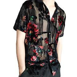 Luxuriöses Hemd aus Kunstseide, Blumendesign, transparent, für Herren, florales Samt, kurzärmelig, durchsichtiges Hemd mit Knopfleiste, siehe abbildung, XL Kurz von DSDFSVEW