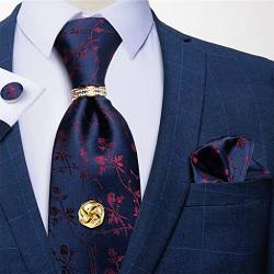 Mode Herren Krawatten Blau Rot Blumen Krawatte Set Einstecktuch Manschettenknöpfe Krawattenring Krawattennadel Geschenk for Männer Hochzeit Krawatte von DSHIOP
