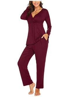 Damen-Schlafanzug Langarm-Mutterschafts-Schlafanzug Set Baumwolle Mutterschafts- / Still-Schlafanzug (rot,M) von DSJJ