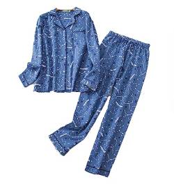 Damen warm Flanell Pyjama Set aus Baumwolle aus Zweiteiliger Schlafanzug mit Langes Nachtwäsche Hausanzug Lang Hose für Frauen (Blau-1,XXL) von DSJJ