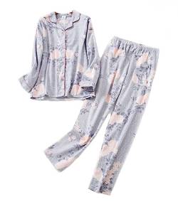 Damen warm Flanell Pyjama Set aus Baumwolle aus Zweiteiliger Schlafanzug mit Langes Nachtwäsche Hausanzug Lang Hose für Frauen (Grau,XL) von DSJJ