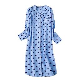 Nachthemd Damen knöpfe,Nachtwäsche Sleepshirt Damen Baumwolle Nachthemd Langarm Knopfleiste M-XXL (Blau,XXL) von DSJJ