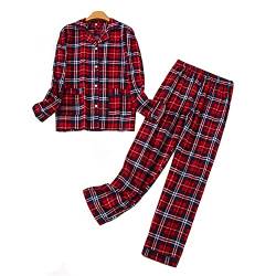 DSKK Schlafanzug Damen lang Baumwolle Winter,Pyjama Freizeitanzug Set mit Knopfleiste Sleepwear Set,Pyjama Zweiteilige Flanell Nachtwäsche (Rot,L) von DSKK